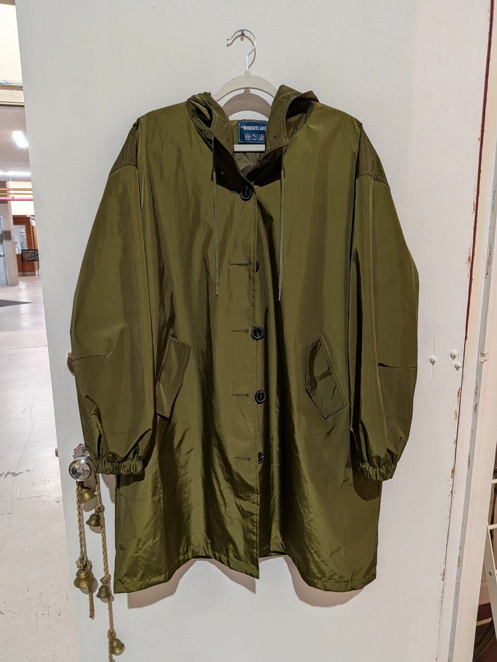 Windbreaker Hooded Long Coat In Olive Green, Size M